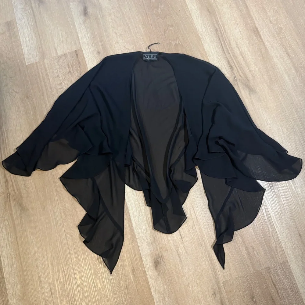 Alex Evenings Black Sheer Chiffon Ruffle Shawl Wrap Whimsygoth Witchy One Size